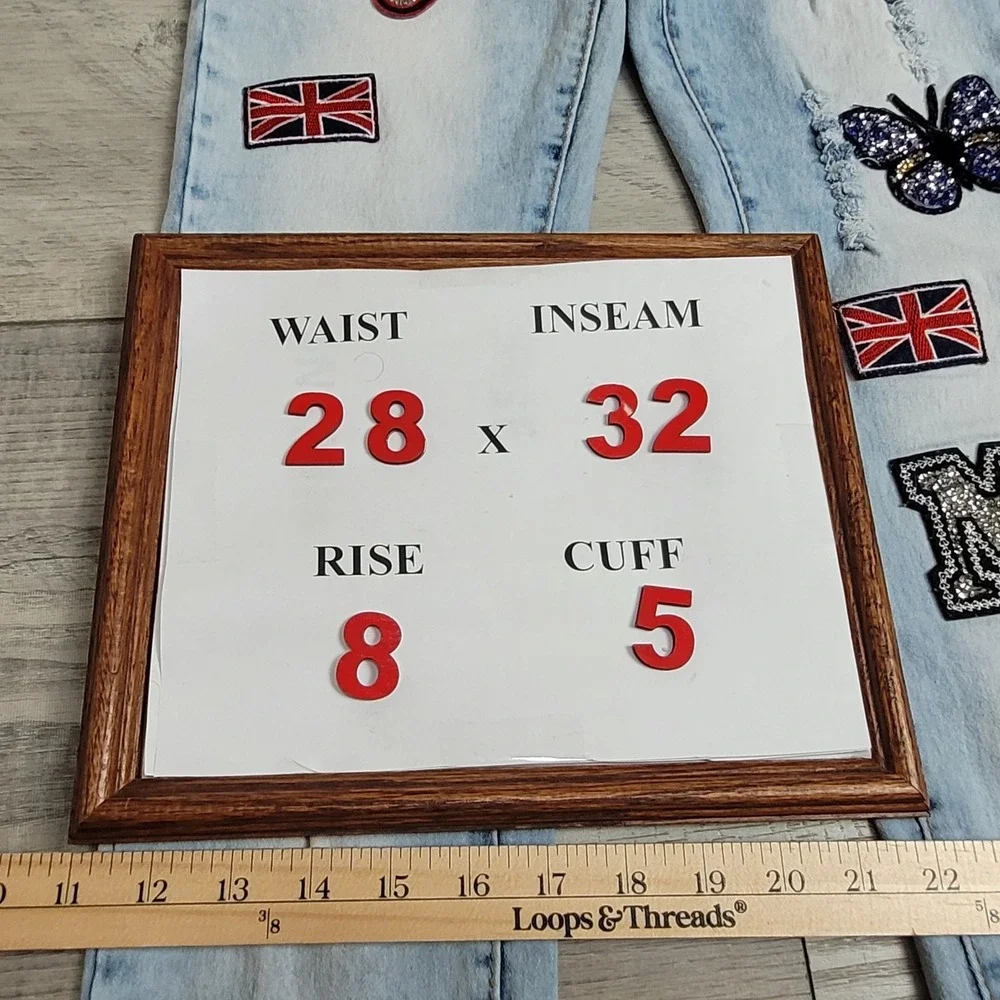 🔥Rebel Love Womens Skinny‎ Jeans 5/6 Distressed Blue Denim Y2K Retro Patches